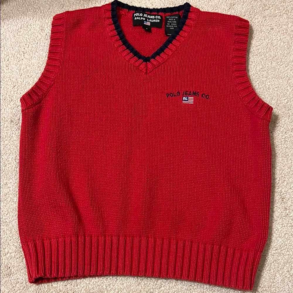 Polo Jeans Co. Kids Red Sweater Vest with RL Flag Red Size 6 100% Cotton‎